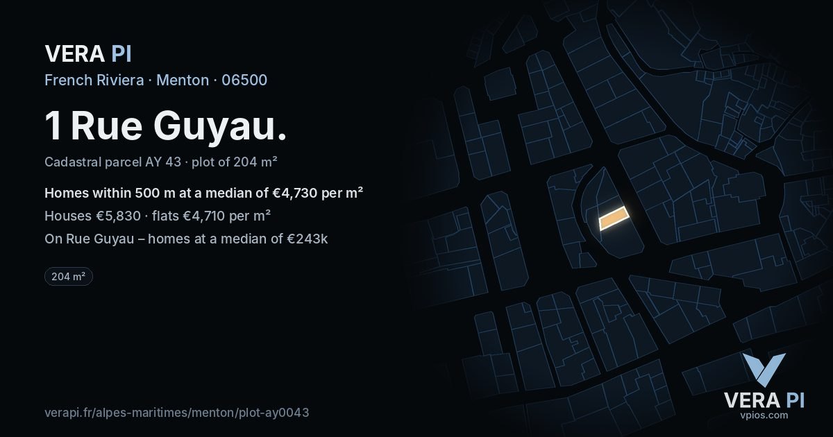 1 Rue Guyau, Menton at night – the plot lit, the parcels around coloured by the prices near them