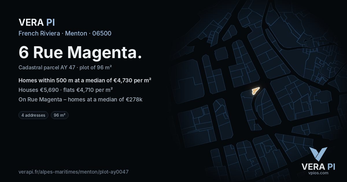 6 Rue Magenta, Menton at night – the plot lit, the parcels around coloured by the prices near them