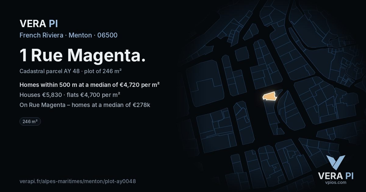 1 Rue Magenta, Menton at night – the plot lit, the parcels around coloured by the prices near them
