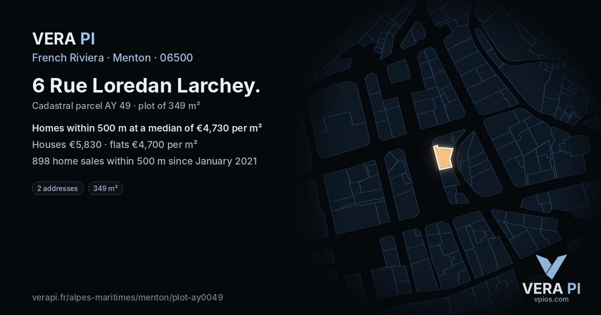 6 Rue Loredan Larchey, Menton at night – the plot lit, the parcels around coloured by the prices near them
