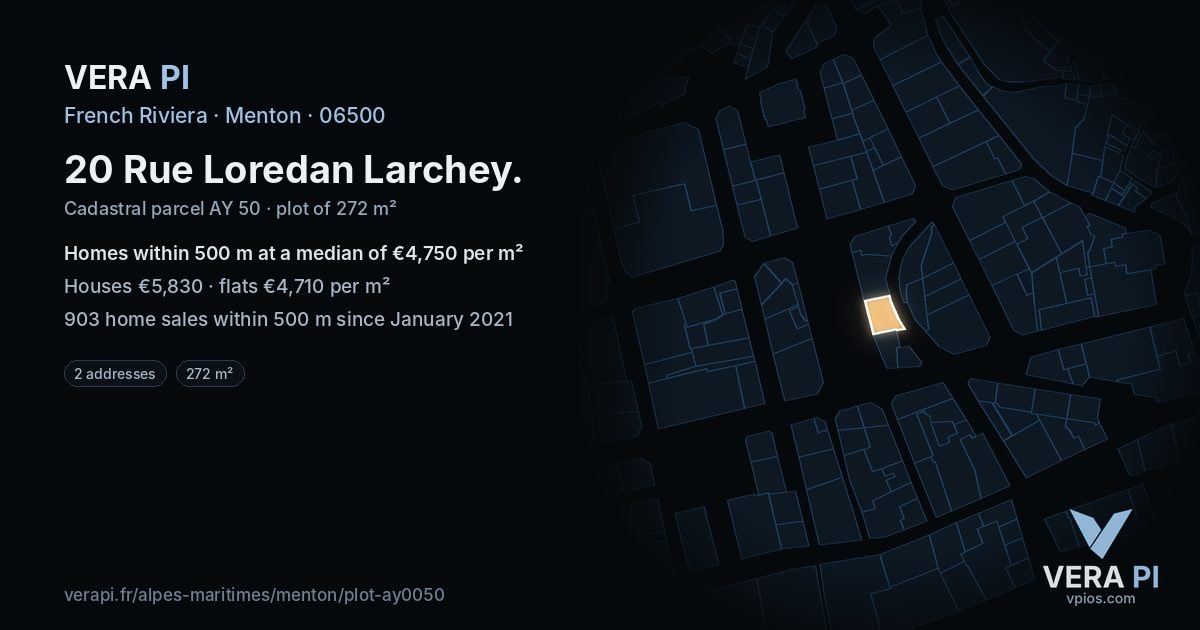 20 Rue Loredan Larchey, Menton at night – the plot lit, the parcels around coloured by the prices near them
