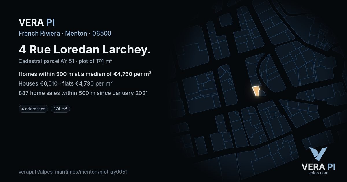 4 Rue Loredan Larchey, Menton at night – the plot lit, the parcels around coloured by the prices near them