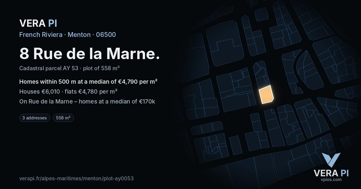 8 Rue de la Marne, Menton at night – the plot lit, the parcels around coloured by the prices near them