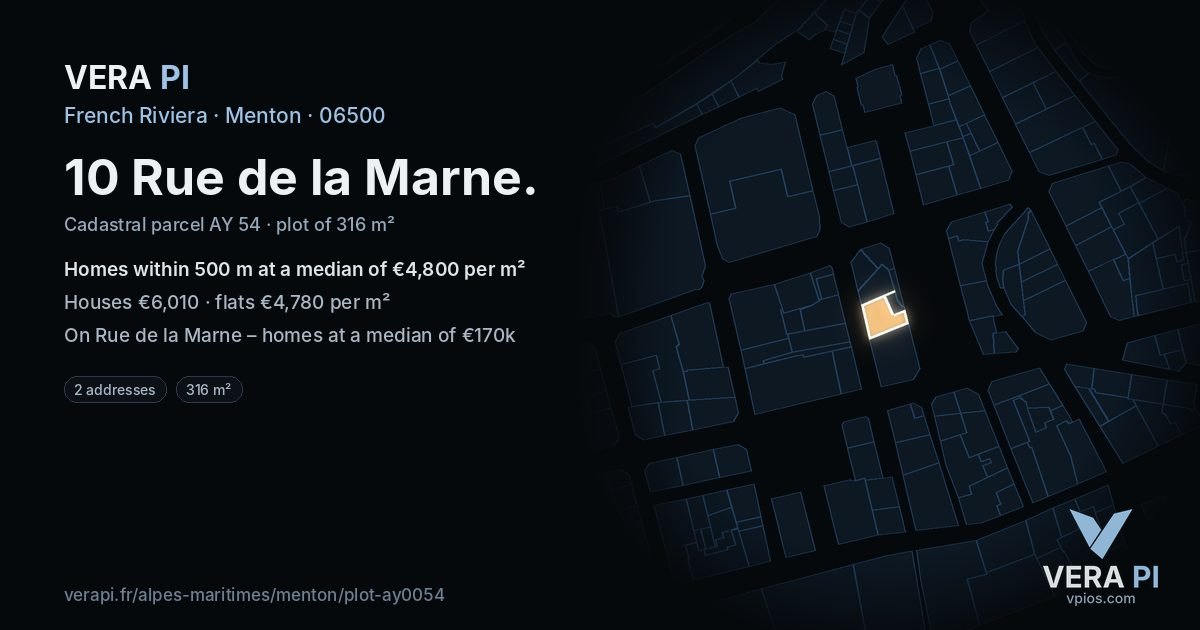 10 Rue de la Marne, Menton at night – the plot lit, the parcels around coloured by the prices near them