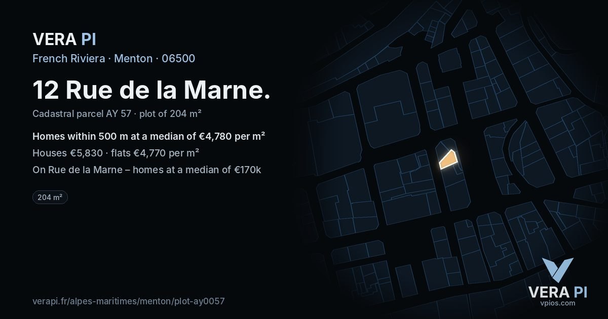 12 Rue de la Marne, Menton at night – the plot lit, the parcels around coloured by the prices near them