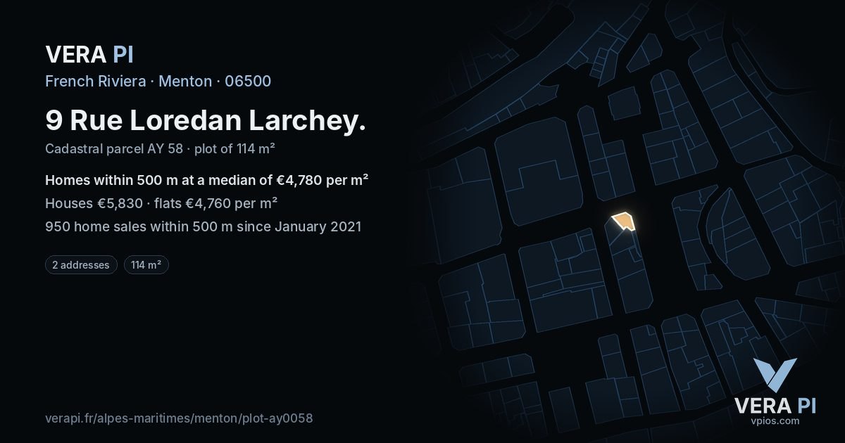 9 Rue Loredan Larchey, Menton at night – the plot lit, the parcels around coloured by the prices near them
