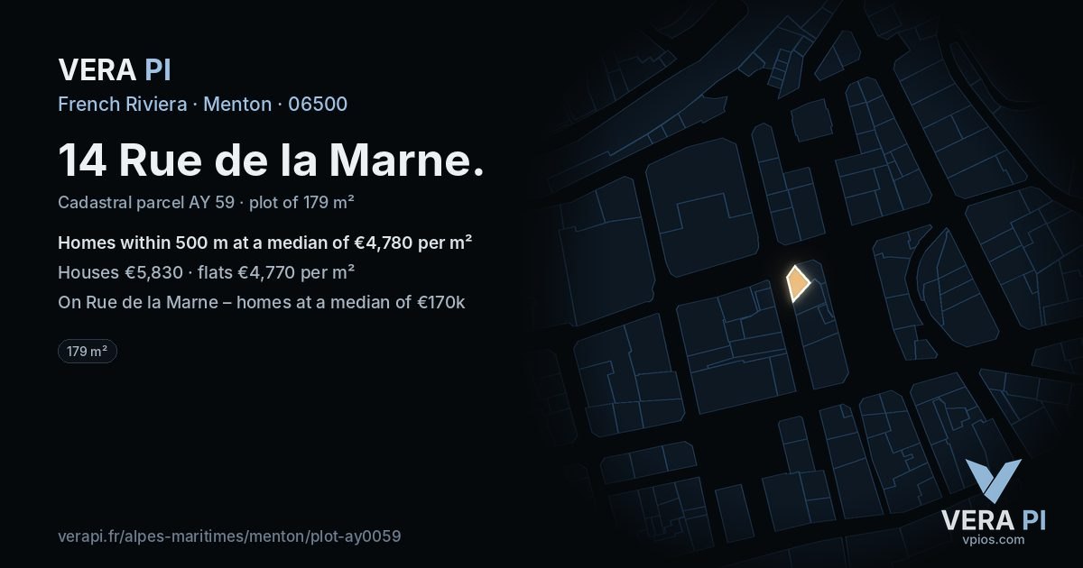 14 Rue de la Marne, Menton at night – the plot lit, the parcels around coloured by the prices near them