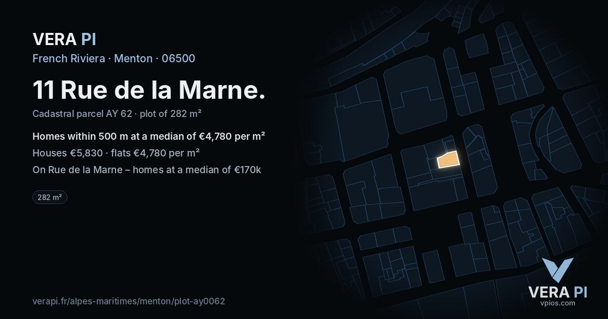 11 Rue de la Marne, Menton at night – the plot lit, the parcels around coloured by the prices near them