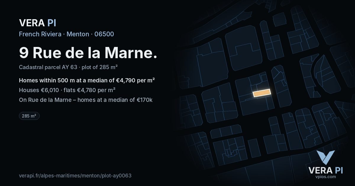9 Rue de la Marne, Menton at night – the plot lit, the parcels around coloured by the prices near them