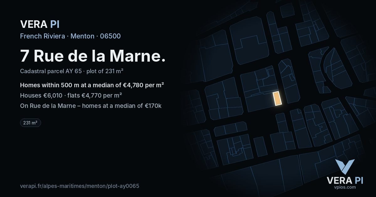 7 Rue de la Marne, Menton at night – the plot lit, the parcels around coloured by the prices near them