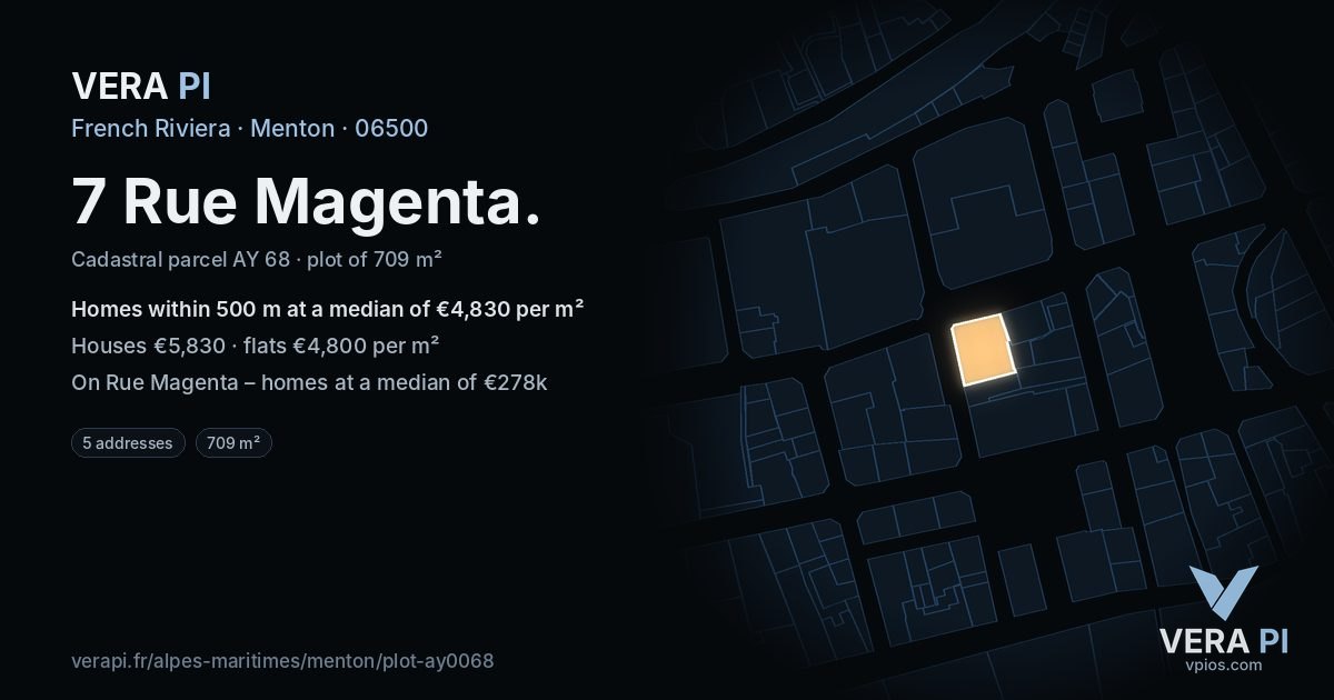 7 Rue Magenta, Menton at night – the plot lit, the parcels around coloured by the prices near them