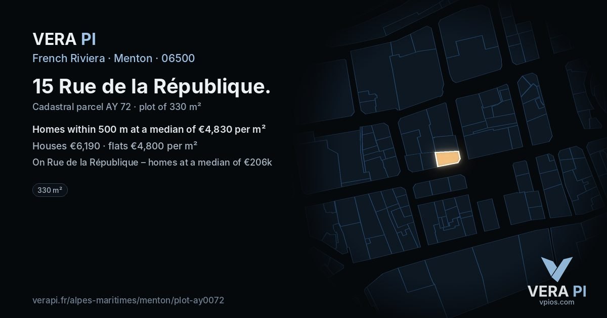 15 Rue de la République, Menton at night – the plot lit, the parcels around coloured by the prices near them