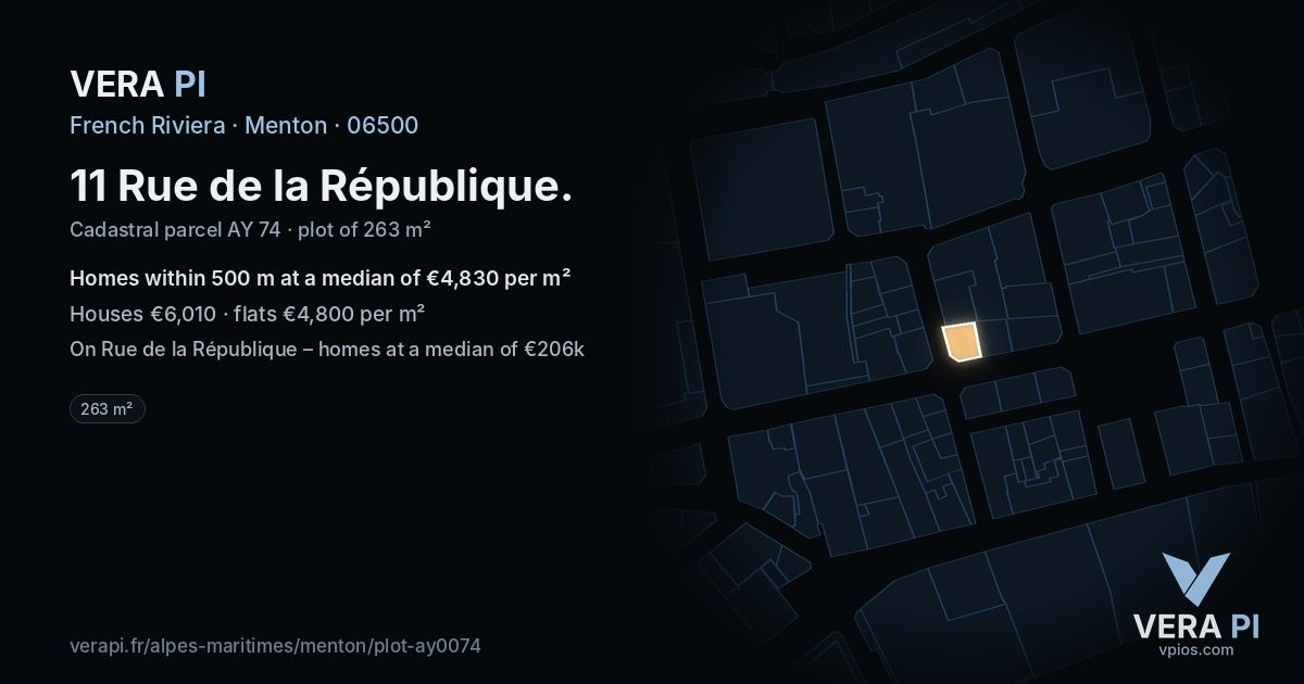 11 Rue de la République, Menton at night – the plot lit, the parcels around coloured by the prices near them