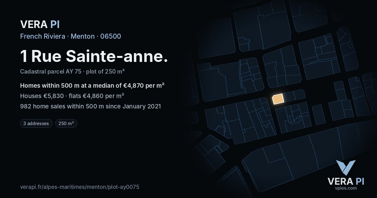 1 Rue Sainte-anne, Menton at night – the plot lit, the parcels around coloured by the prices near them
