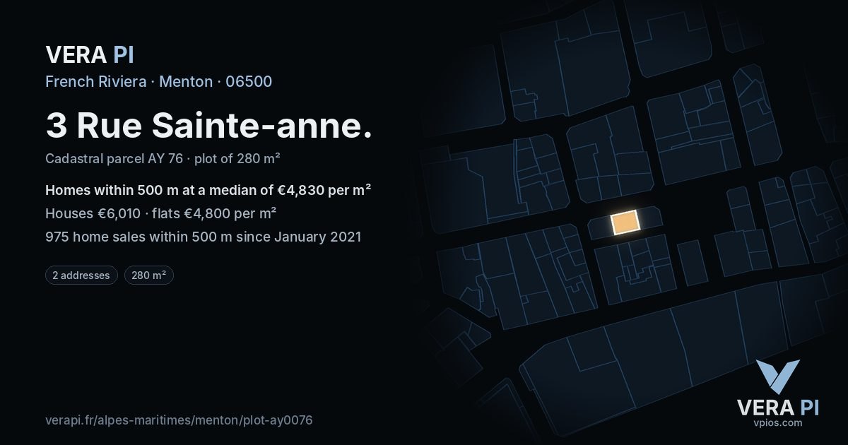 3 Rue Sainte-anne, Menton at night – the plot lit, the parcels around coloured by the prices near them