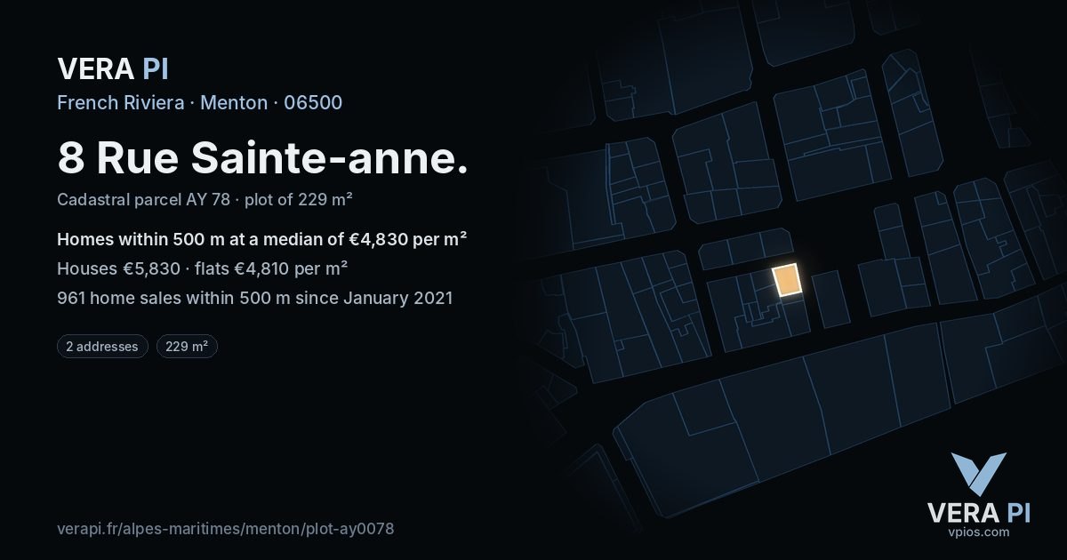 8 Rue Sainte-anne, Menton at night – the plot lit, the parcels around coloured by the prices near them