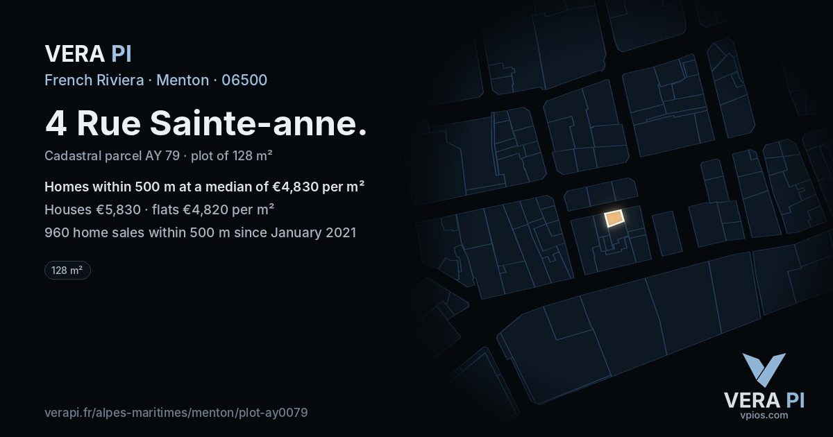 4 Rue Sainte-anne, Menton at night – the plot lit, the parcels around coloured by the prices near them