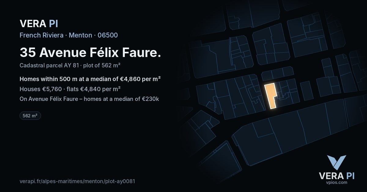 35 Avenue Félix Faure, Menton at night – the plot lit, the parcels around coloured by the prices near them
