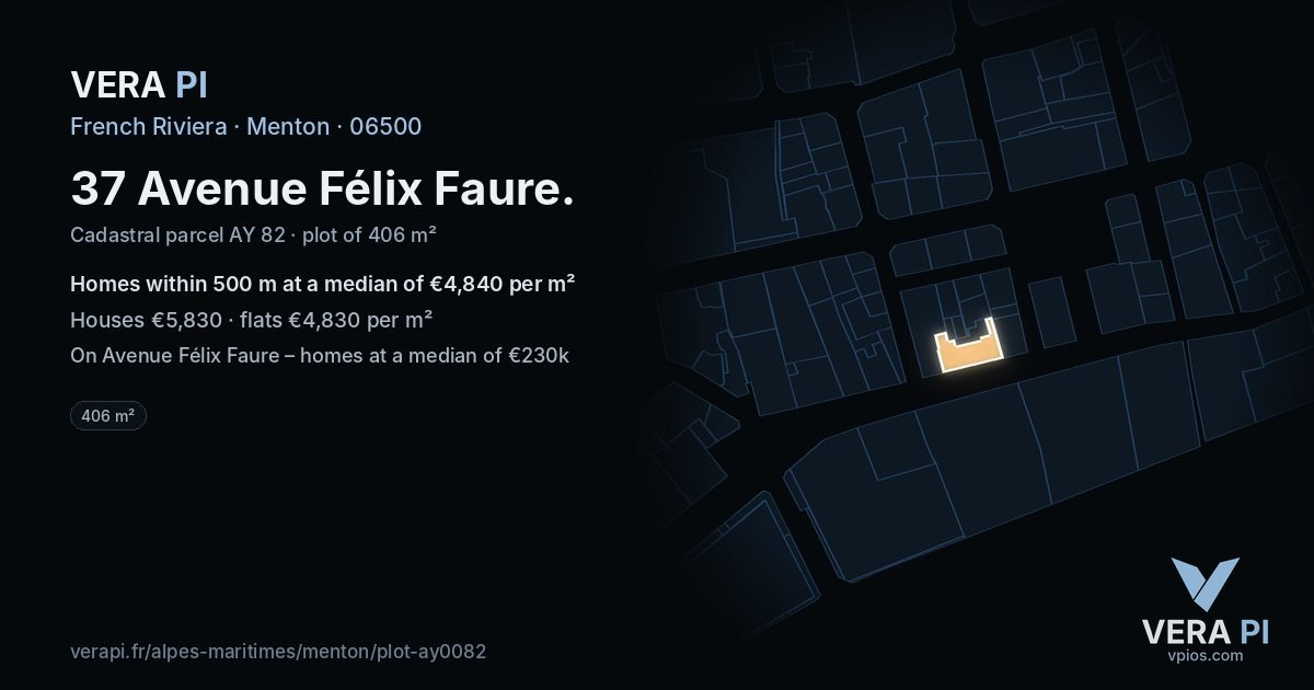 37 Avenue Félix Faure, Menton at night – the plot lit, the parcels around coloured by the prices near them