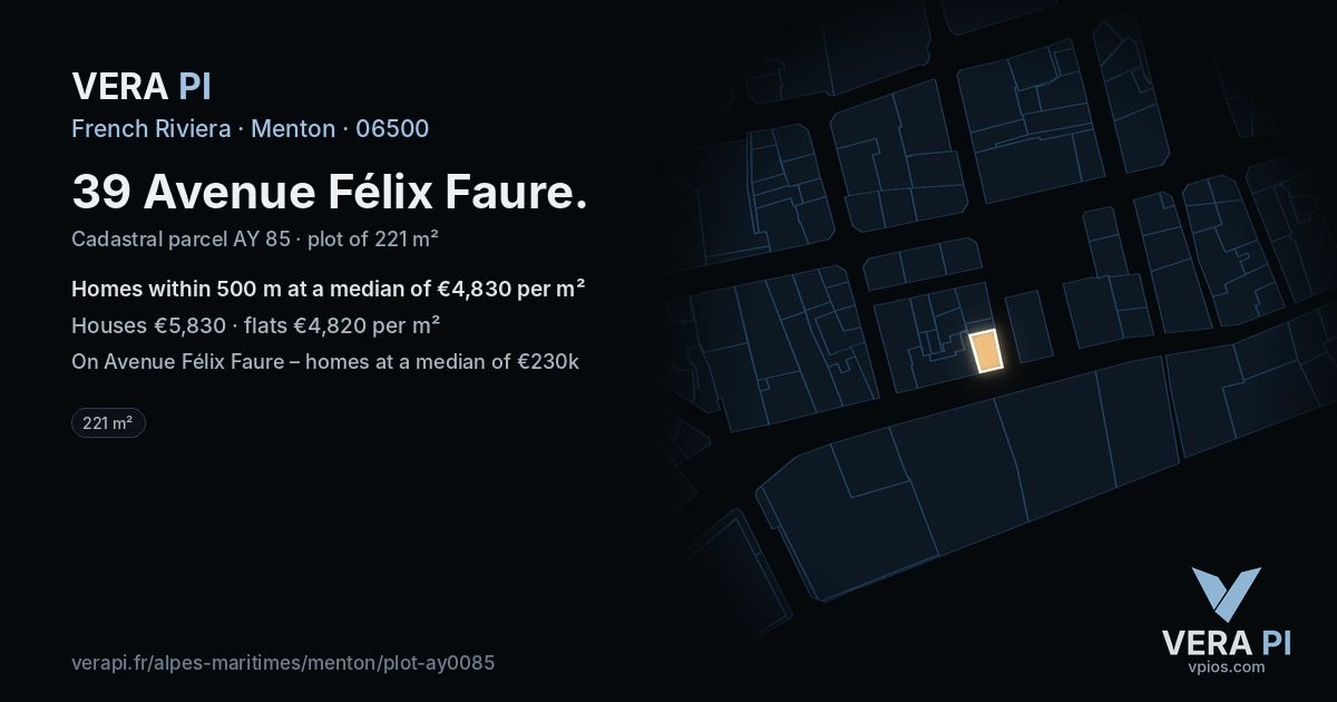 39 Avenue Félix Faure, Menton at night – the plot lit, the parcels around coloured by the prices near them