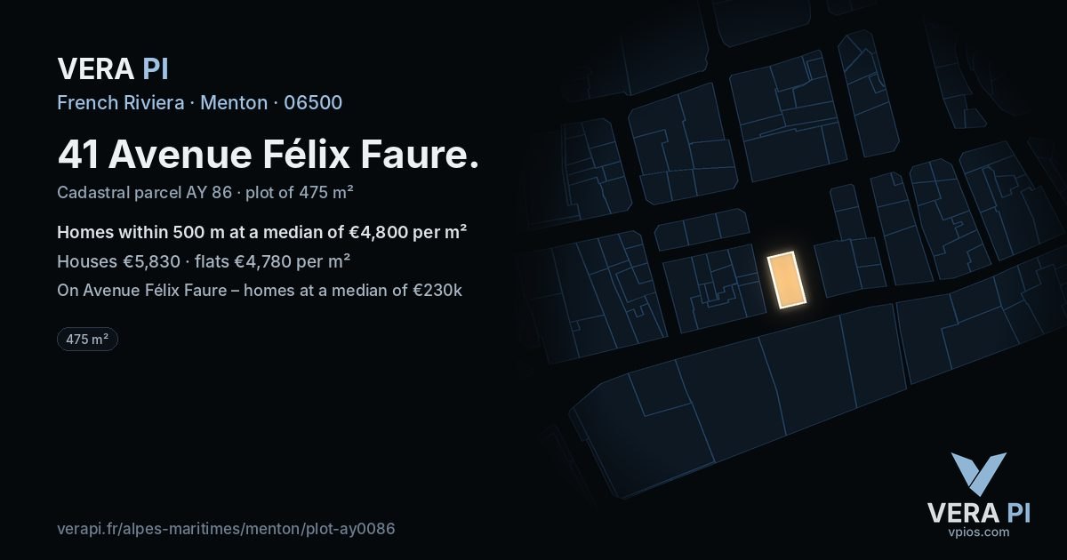 41 Avenue Félix Faure, Menton at night – the plot lit, the parcels around coloured by the prices near them