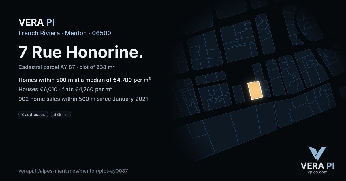 7 Rue Honorine, Menton at night – the plot lit, the parcels around coloured by the prices near them