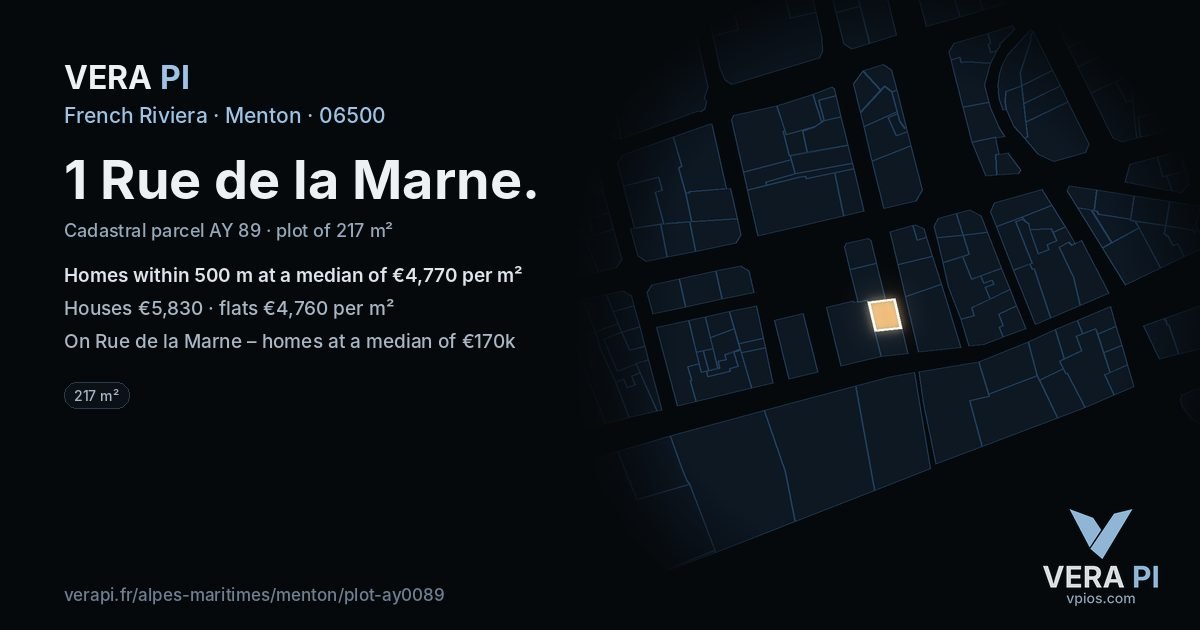 1 Rue de la Marne, Menton at night – the plot lit, the parcels around coloured by the prices near them