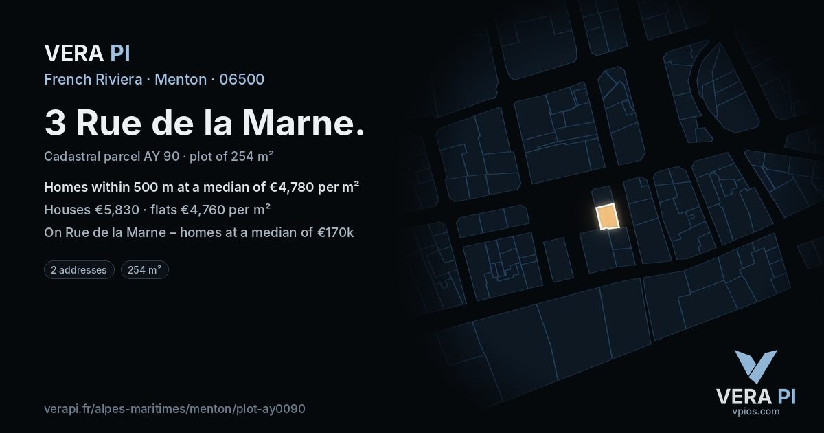 3 Rue de la Marne, Menton at night – the plot lit, the parcels around coloured by the prices near them