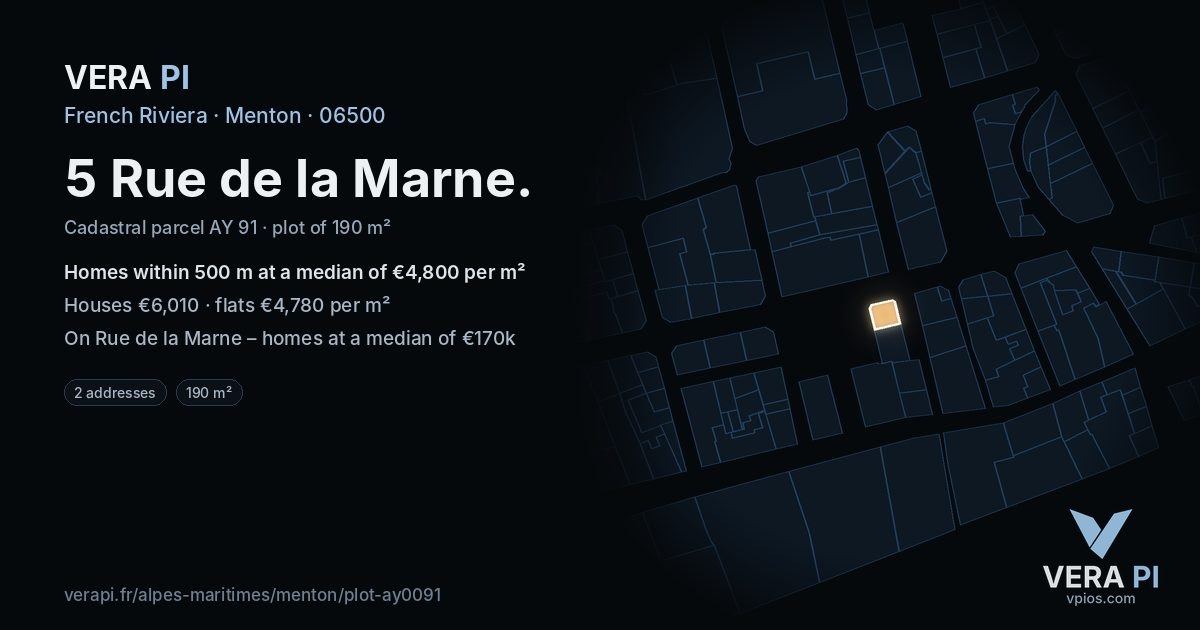 5 Rue de la Marne, Menton at night – the plot lit, the parcels around coloured by the prices near them