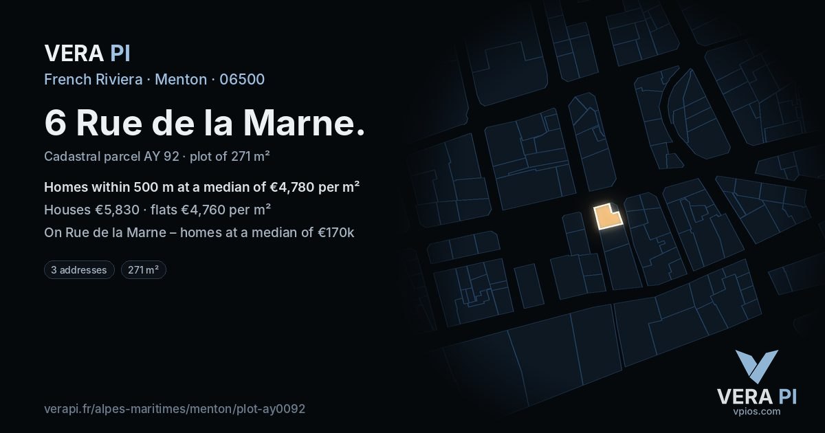 6 Rue de la Marne, Menton at night – the plot lit, the parcels around coloured by the prices near them