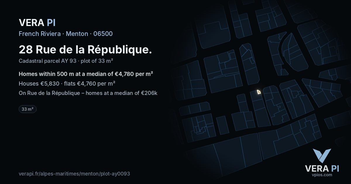 28 Rue de la République, Menton at night – the plot lit, the parcels around coloured by the prices near them