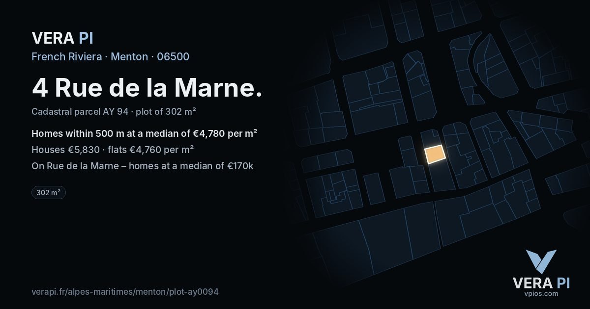 4 Rue de la Marne, Menton at night – the plot lit, the parcels around coloured by the prices near them