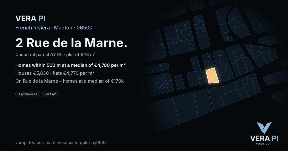 2 Rue de la Marne, Menton at night – the plot lit, the parcels around coloured by the prices near them