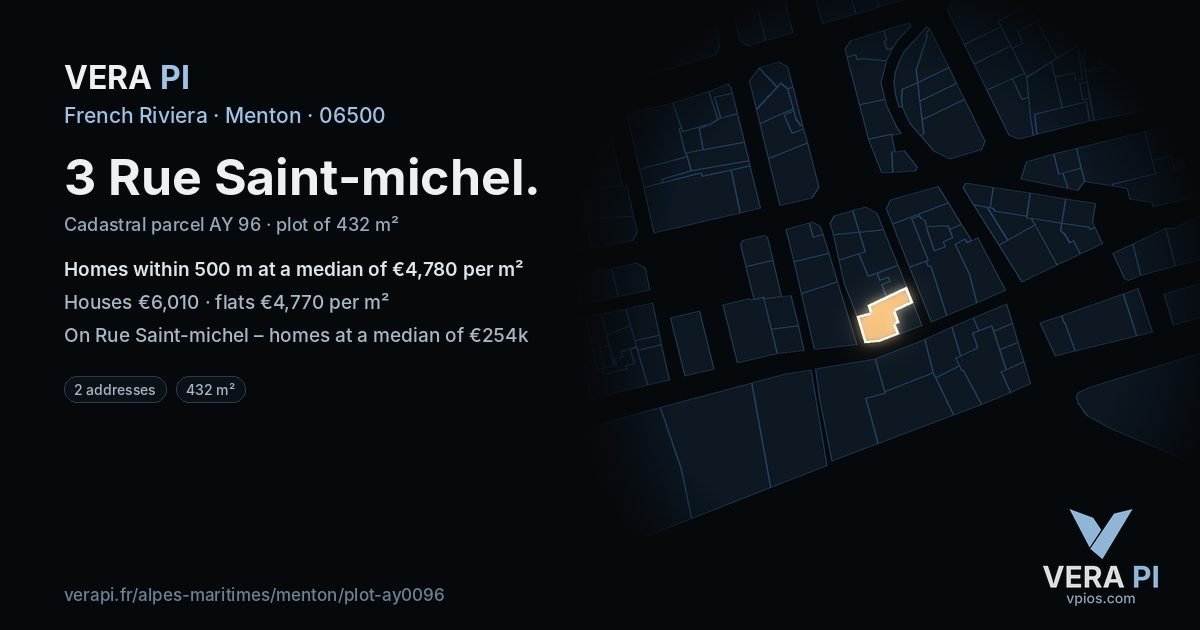 3 Rue Saint-michel, Menton at night – the plot lit, the parcels around coloured by the prices near them
