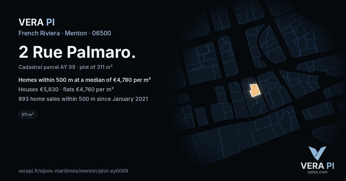 2 Rue Palmaro, Menton at night – the plot lit, the parcels around coloured by the prices near them