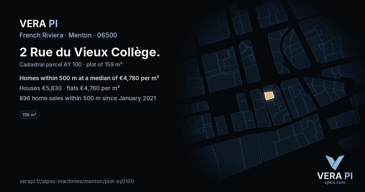 2 Rue du Vieux Collège, Menton at night – the plot lit, the parcels around coloured by the prices near them