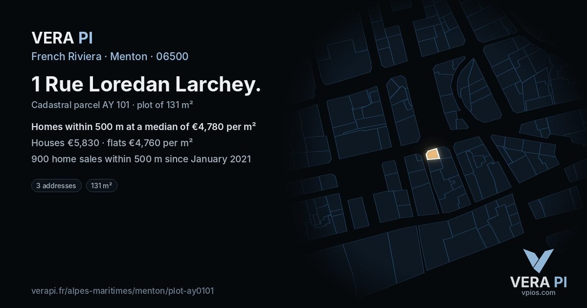 1 Rue Loredan Larchey, Menton at night – the plot lit, the parcels around coloured by the prices near them