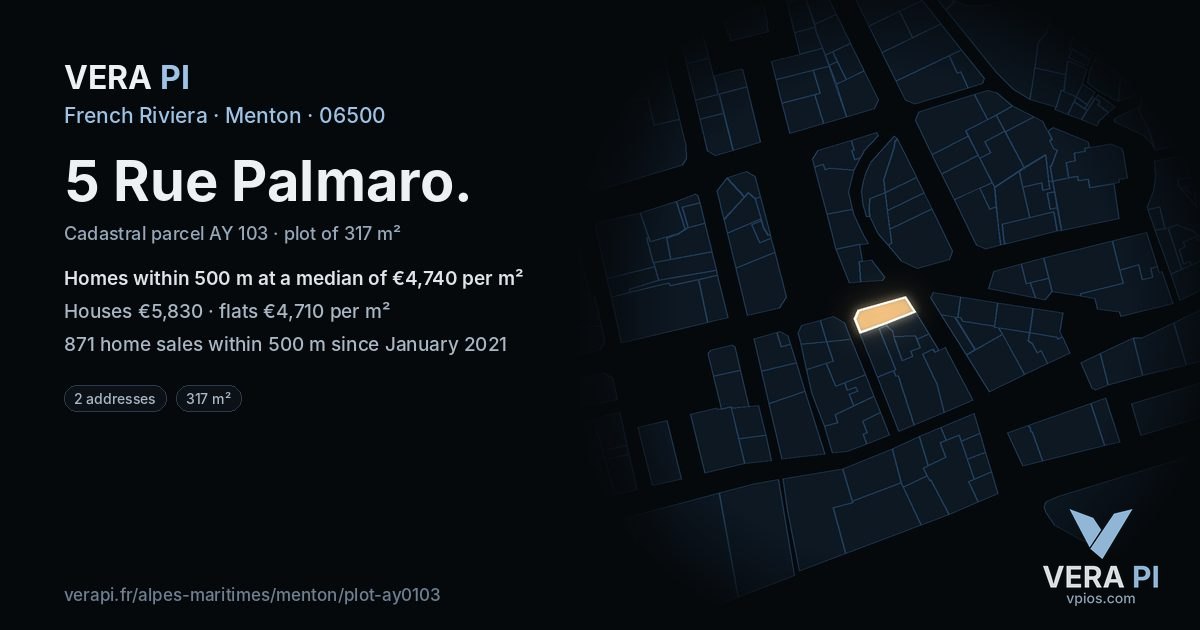 5 Rue Palmaro, Menton at night – the plot lit, the parcels around coloured by the prices near them