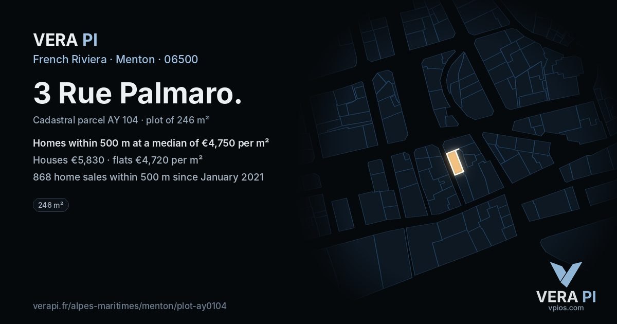 3 Rue Palmaro, Menton at night – the plot lit, the parcels around coloured by the prices near them