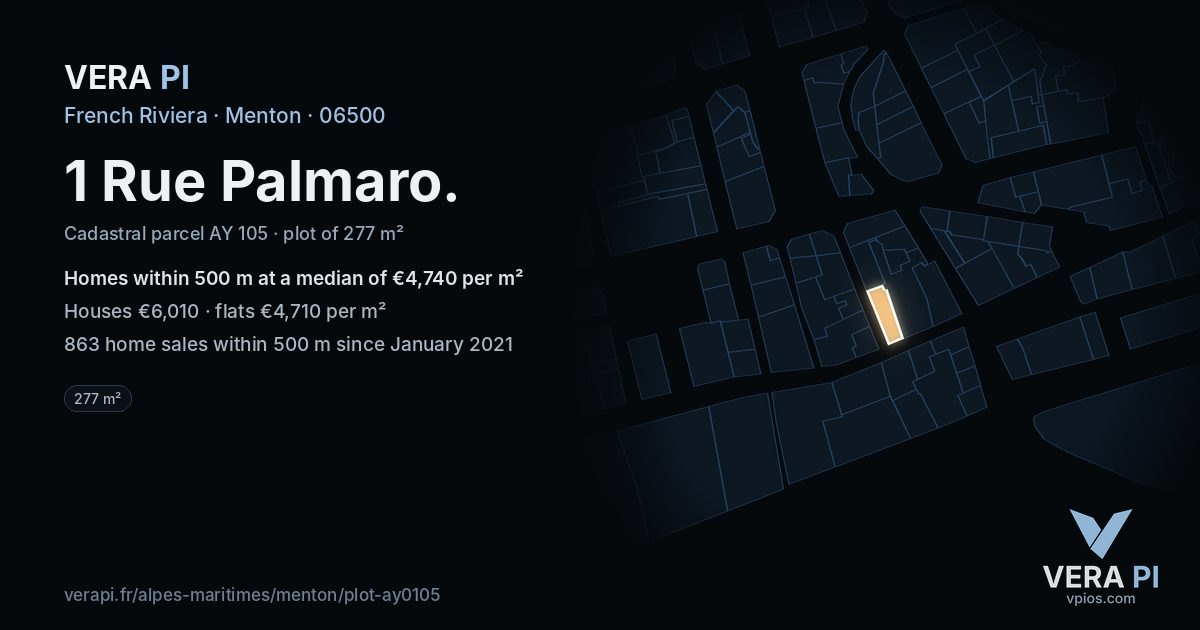 1 Rue Palmaro, Menton at night – the plot lit, the parcels around coloured by the prices near them