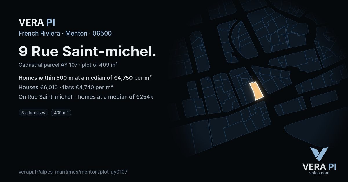 9 Rue Saint-michel, Menton at night – the plot lit, the parcels around coloured by the prices near them
