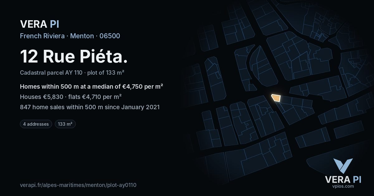 12 Rue Piéta, Menton at night – the plot lit, the parcels around coloured by the prices near them