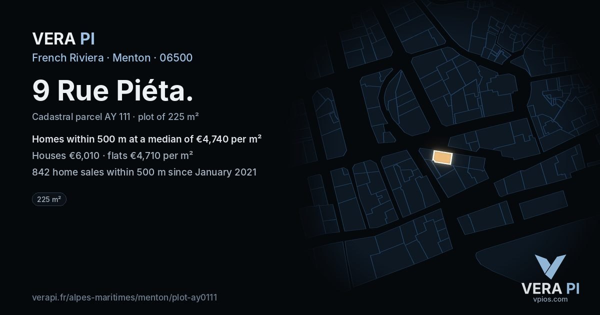 9 Rue Piéta, Menton at night – the plot lit, the parcels around coloured by the prices near them
