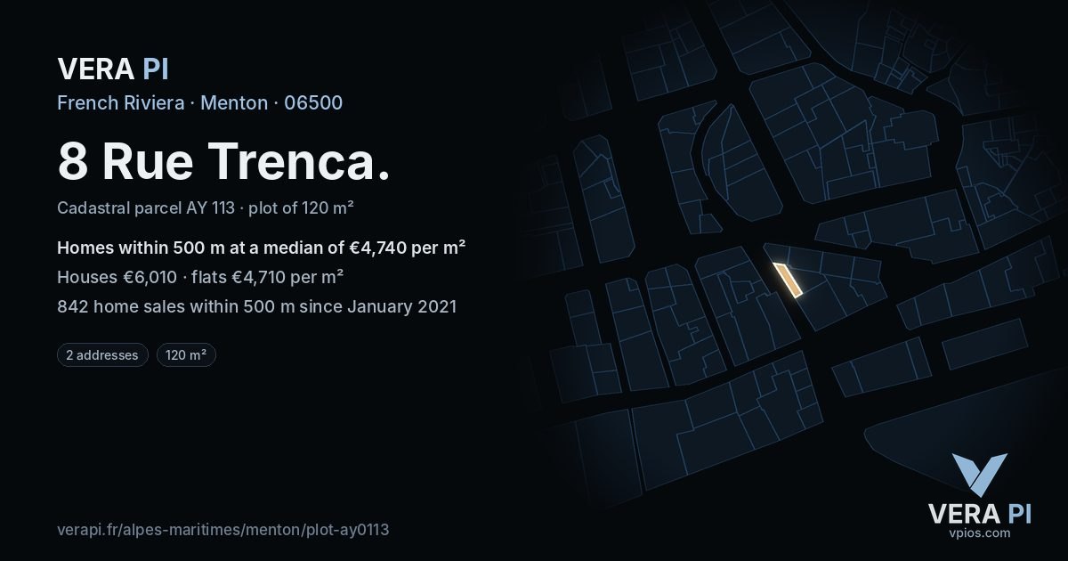 8 Rue Trenca, Menton at night – the plot lit, the parcels around coloured by the prices near them