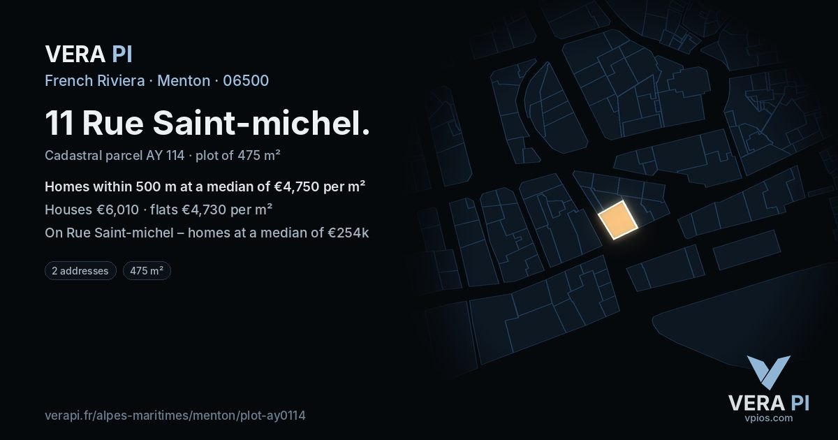 11 Rue Saint-michel, Menton at night – the plot lit, the parcels around coloured by the prices near them