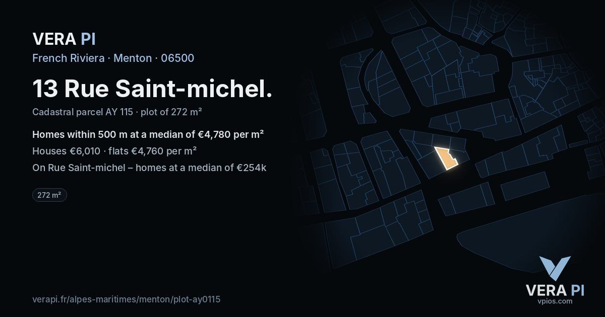 13 Rue Saint-michel, Menton at night – the plot lit, the parcels around coloured by the prices near them