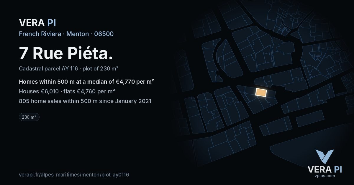 7 Rue Piéta, Menton at night – the plot lit, the parcels around coloured by the prices near them