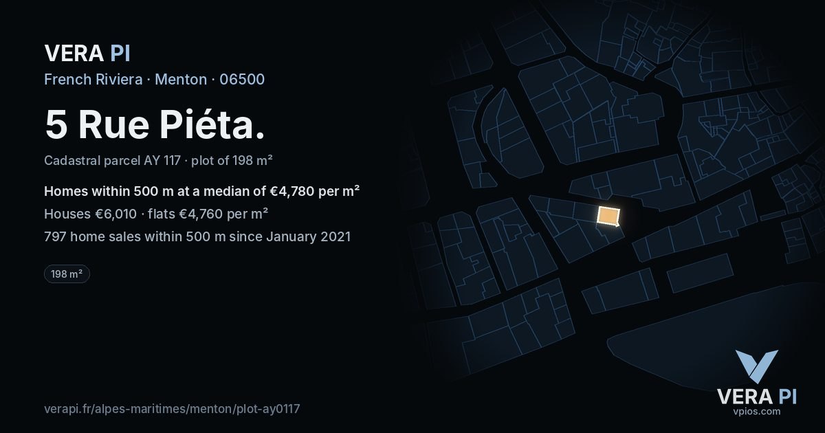 5 Rue Piéta, Menton at night – the plot lit, the parcels around coloured by the prices near them