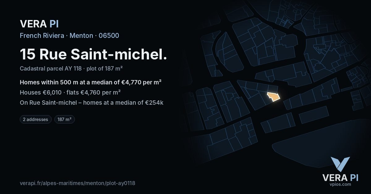 15 Rue Saint-michel, Menton at night – the plot lit, the parcels around coloured by the prices near them