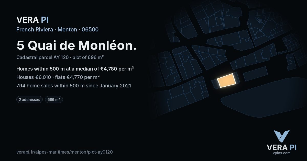 5 Quai de Monléon, Menton at night – the plot lit, the parcels around coloured by the prices near them